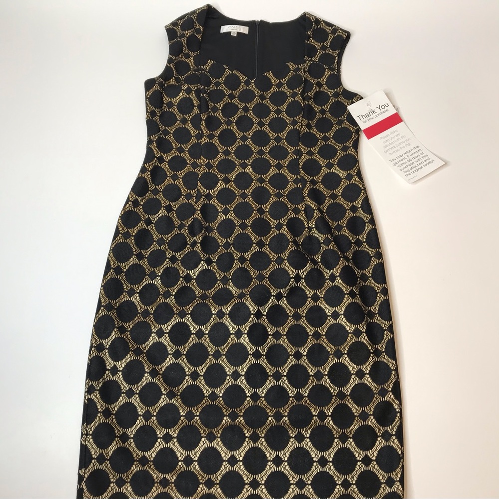 Kasper special occasion black gold sheath dress